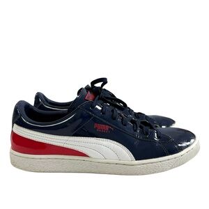 Puma Basket Classic Patent Leather Sneakers Navy Blue/White/Red Men's Size 9.5
